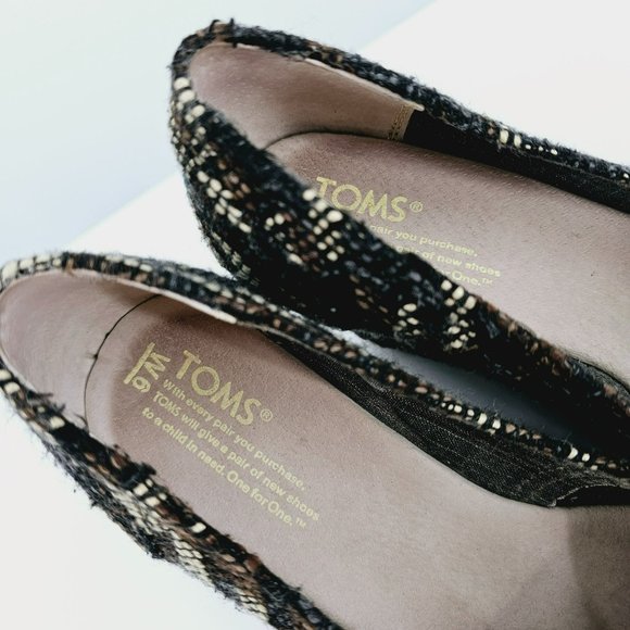 Toms Stella Tweed Peep Toe Wedges 6 Black Brown Cream Slip On Boucle Houndstooth - Picture 2 of 13